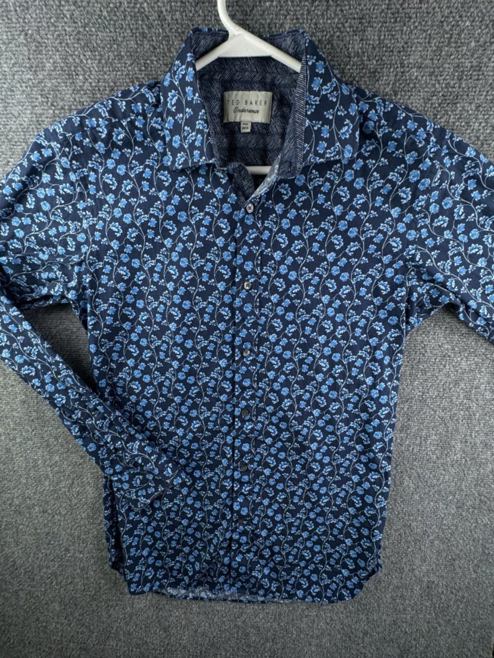 Ted Baker Endurance Button Up Shirt Floral Blue Long Sleeve 14.5 34/35 Cotton
